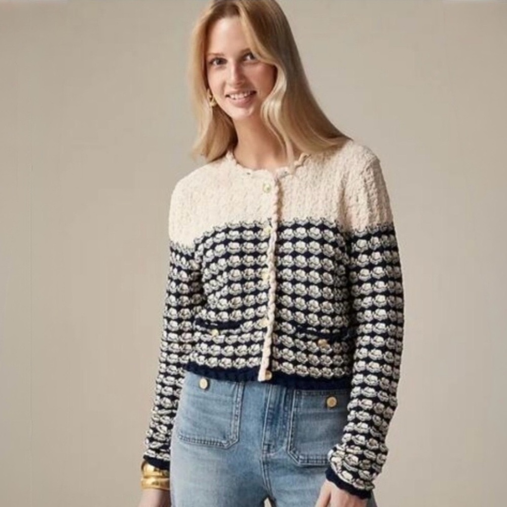 J. CREW, Women's Textured Crochet Lady Jacket Cream & Navy Sweater, Size L , NWT